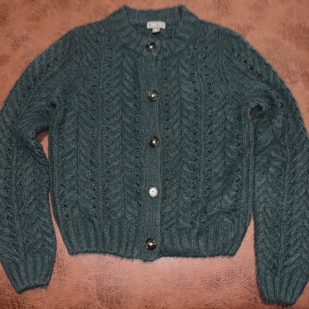 Point Sur J Crew Forest Green Cable Knit Mohair Wool Cardigan Sweater Womens S